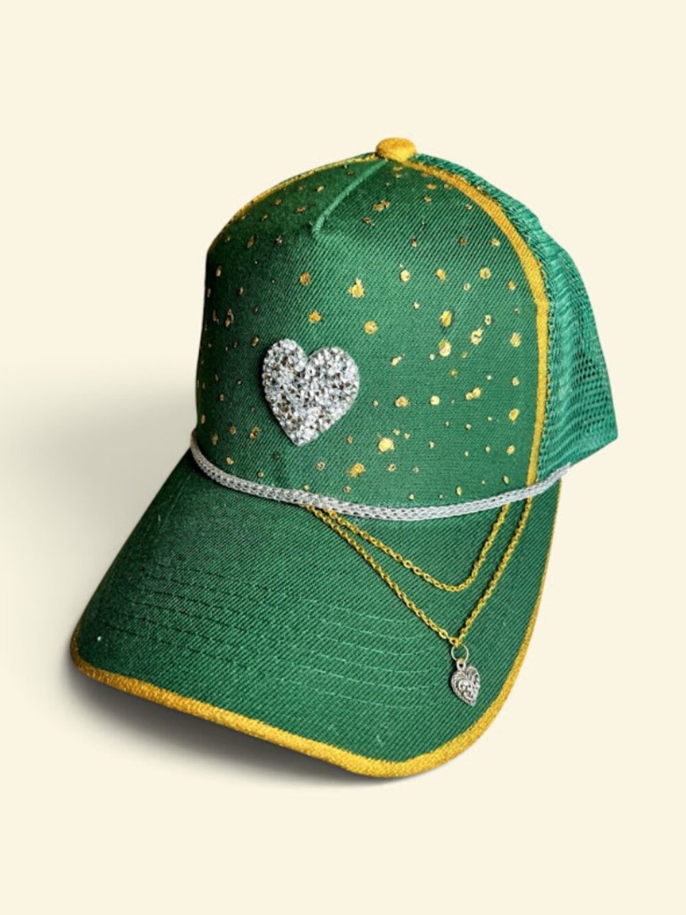 Green Gold Splatter Silver Glitter Heart Cap Trucker Hat NWT